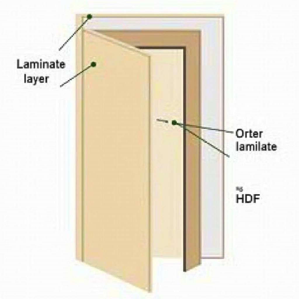Sơ đồ hoặc hình ảnh cắt lớp mô tả cấu tạo cửa gỗ laminate với các lớp vật liệu khác nhau
