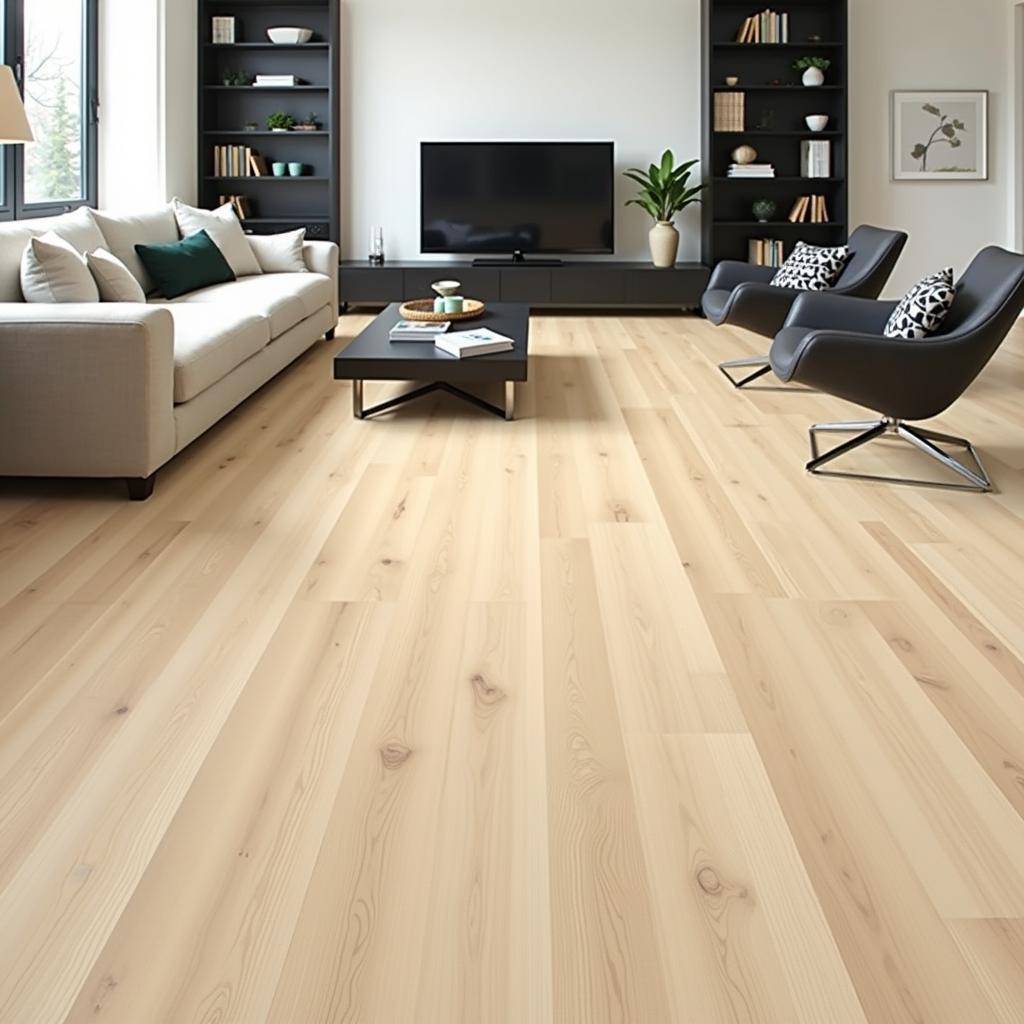 Sàn gỗ Ash (Tần bì) màu sáng với vân gỗ thẳng, tạo không gian nội thất hiện đại và sang trọng