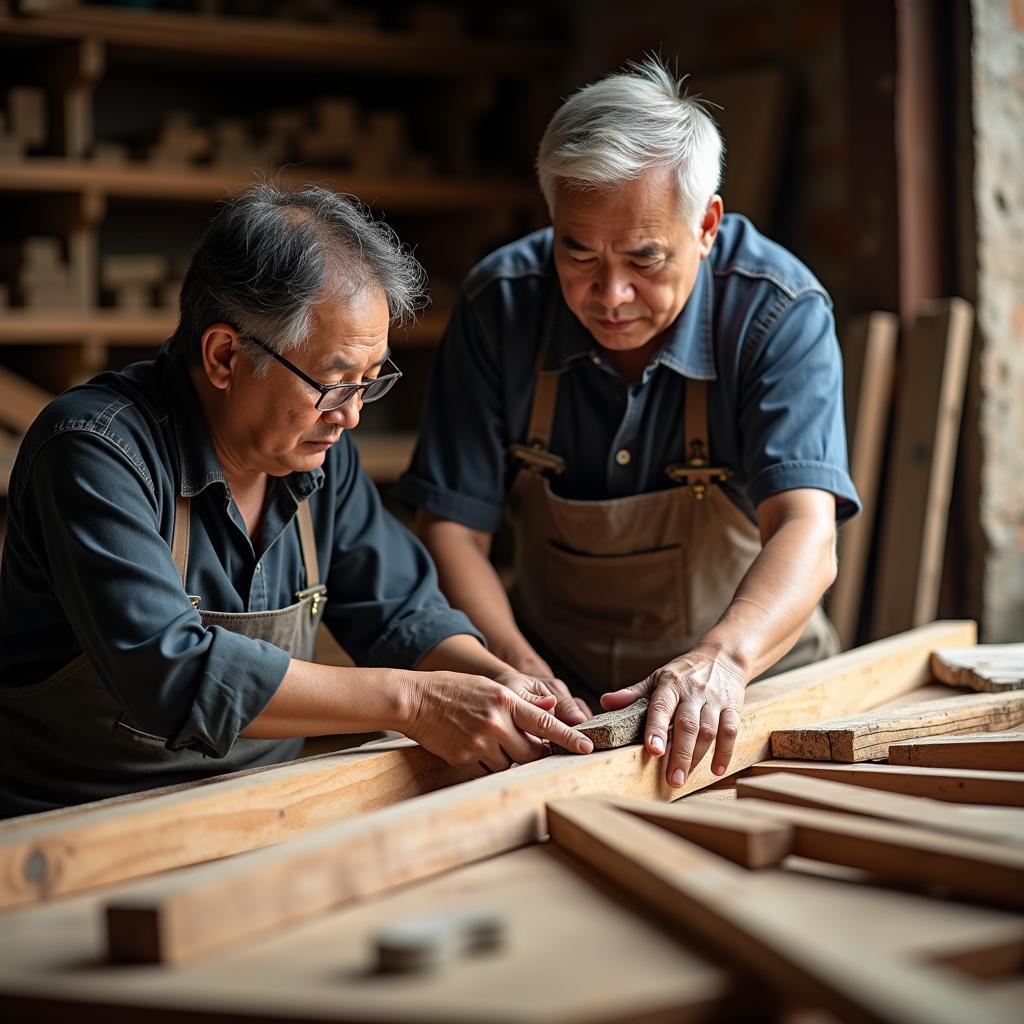 Chuyên gia thẩm định chất lượng gỗ mài lái tại xưởng sản xuất nội thất uy tín.
