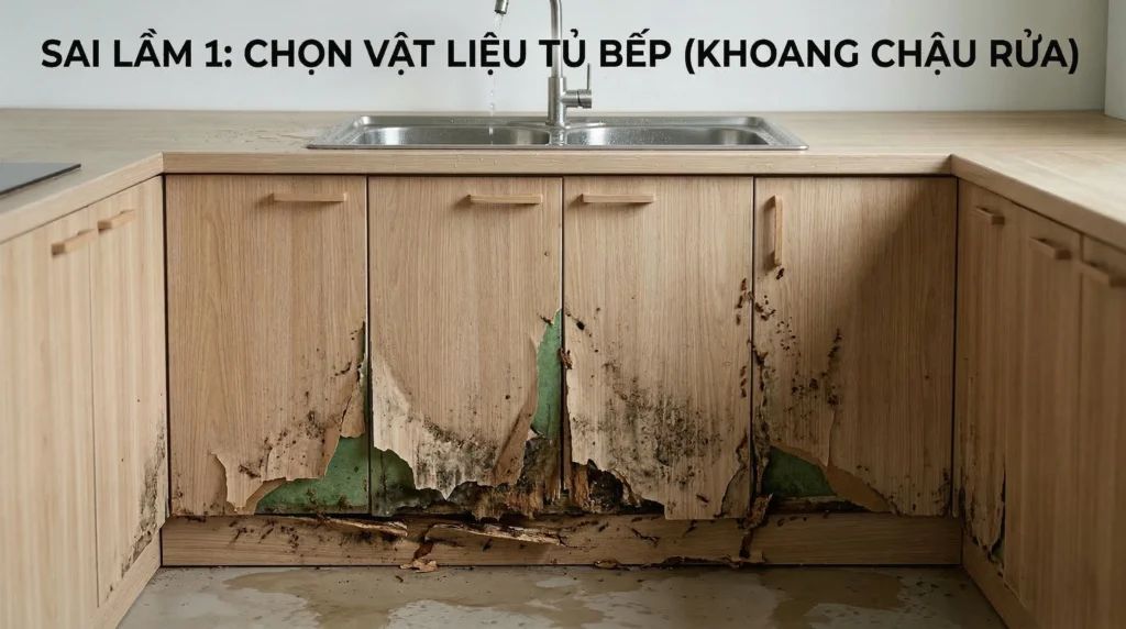 Hậu quả khi để tủ bếp dưới bồn rửa bị ngấm nước kéo dài